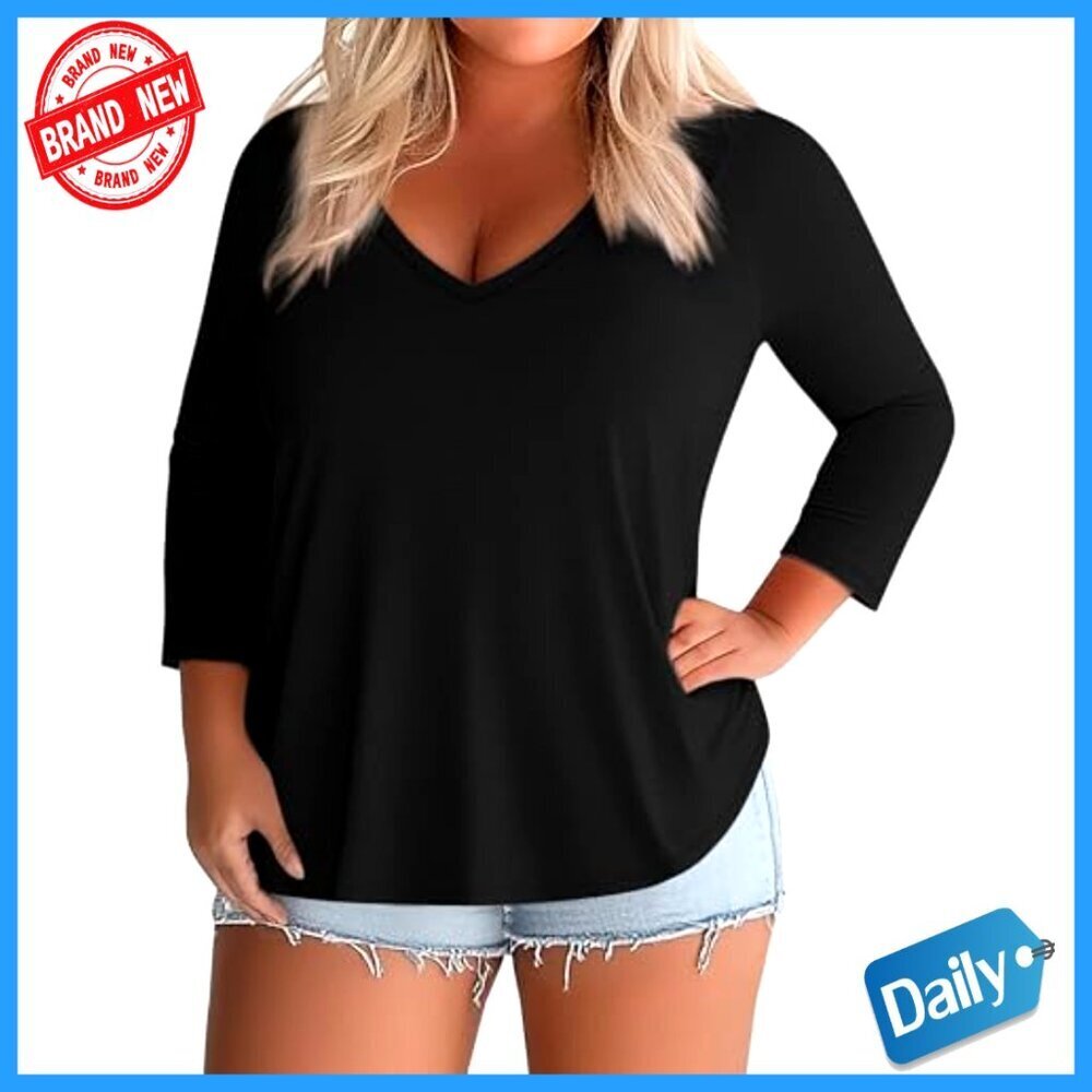 Plus Size 3/4 Sleeve V-Neck Cotton Tops 3-Pack Loose Fit Tees - Picture 6 of 7